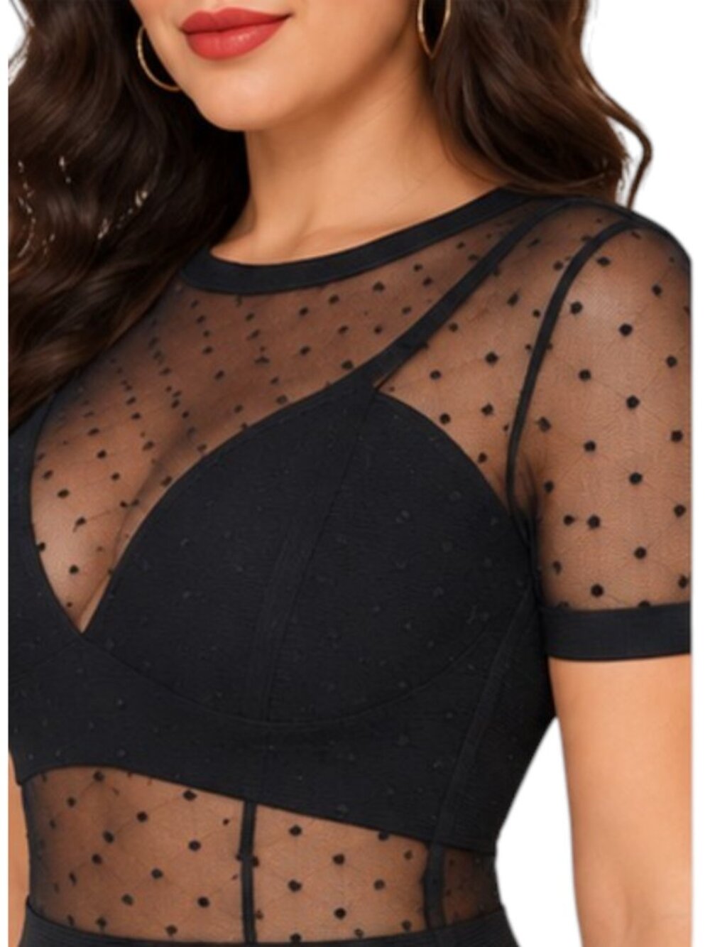 Black Absorbing Polka Dot Mesh Open Back Sheer Bandeau Bandage Dress - Picture 6 of 9